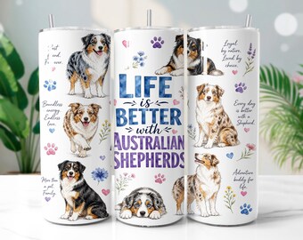 Australian Shepherd Tumbler Wrap PNG, Watercolor Dog 20oz Skinny Tumbler Sublimation Design, Digital Download