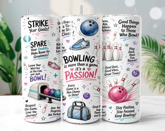 Bowling Tumbler Wrap PNG, Motivational Bowling 20oz Skinny Tumbler Sublimation Design, Digital Download
