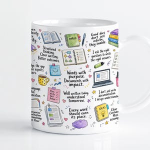 May include: A white ceramic mug featuring a colorful, hand-drawn pattern of office supplies, notebooks, and laptops, interspersed with motivational text such as Words with purpose, Documents with impact, and Good docs don't just inform, they enable.