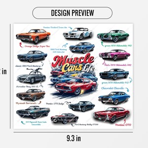May include: A colourful illustration of classic muscle cars, including a red Pontiac GTO, a blue Ford Mustang Shelby GT500, a green Chevrolet Chevelle, and a white Pontiac Firebird Trans Am. The illustration is surrounded by the text "Muscle Can's Life".