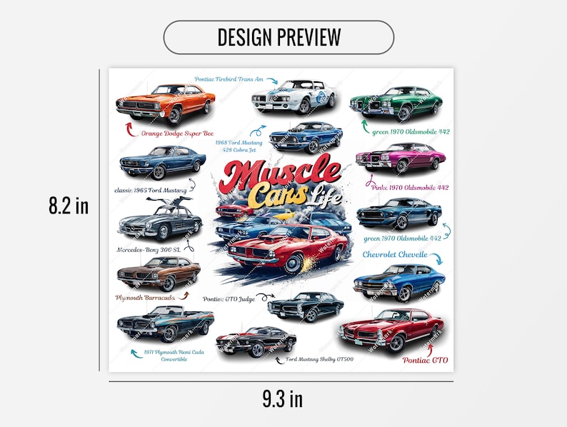 May include: A colourful illustration of classic muscle cars, including a red Pontiac GTO, a blue Ford Mustang Shelby GT500, a green Chevrolet Chevelle, and a white Pontiac Firebird Trans Am. The illustration is surrounded by the text "Muscle Can's Life".