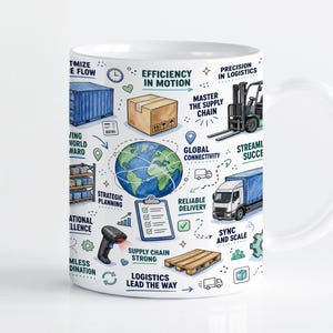 Może przedstawiać: Biały ceramiczny kubek z kolorowym nadrukiem graficznym o tematyce logistycznej. Ilustracje przedstawiają niebieski kontener, karton, wózek widłowy, globus, ciężarówkę, paletę i skaner kodów kreskowych oraz tekst, taki jak Efficiency in Motion.