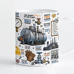 May include: A white ceramic mug featuring a detailed industrial illustration of a steam boiler, pressure gauge, factory building, yellow hard hat, and work gloves. The design includes text such as THE HEART OF THE PLANT, SAFETY FIRST ALWAYS, and a daily checklist.