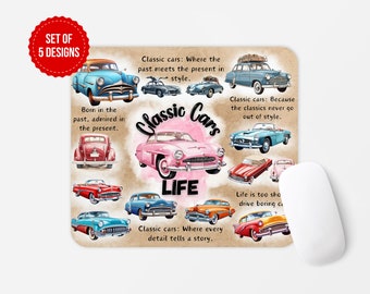 May include: A mouse pad with a vintage car theme. The design features a pink car with the words "Classic Cars Life" in a circle around it. The text "Born in the past, admired in the present." is at the top left of the image. The text "Classic cars: Where the past meets the present in style." is at the top right of the image. The text "Classic cars: Because the classics never go out of style." is at the bottom right of the image. The text "Classic cars: Where every detail tells a story." is at the bottom left of the image.