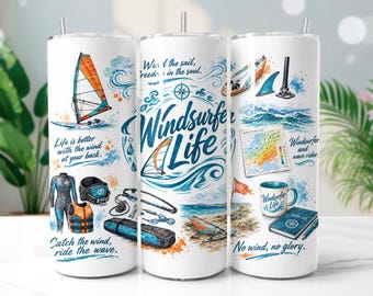Windsurfer Life Tumbler Wrap PNG, Watercolor Sports 20oz Skinny Tumbler Sublimation Design, Digital Download