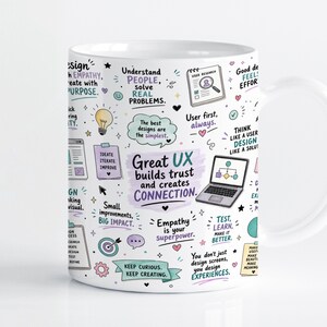 Könnte beinhalten: Ein weißer Keramikbecher mit einem UX-Design-Thema, das verschiedene Illustrationen und Texte wie Great UX builds trust and creates CONNECTION, Empathy is your superpower und Keep curious, keep creating sowie kleine Symbole enthält.