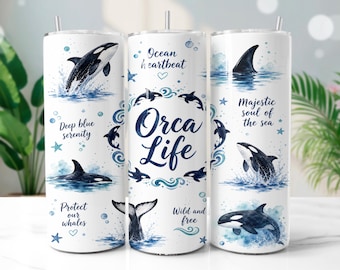 Orca Whale Tumbler Wrap PNG, Watercolor Sea Life 20oz Skinny Tumbler Sublimation Design, Digital Download