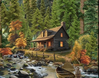 Met korting: Woodland Retreat Cabin Scenic stoffenpaneel, tijdloze schatten, 100% katoen, naaistof, quilten, jagen, vissen