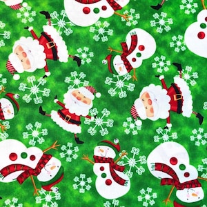 Christmas Santa and Snowman Fabric, Santa Fabric, 100% Cotton, quilting fabric, Sewing, snowflake fabric, bright green fabric
