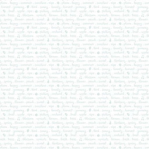 May include: White fabric with a repeating pattern of light blue text and small floral and musical note illustrations. The text includes words like "blossom," "happy," and "sweet." The fabric is measured in inches.