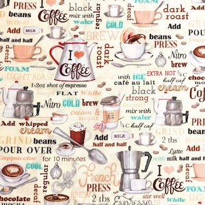 Coffee Fabric, Kitchen Fabric 100% Cotton Fabric, Sewing, quilting fabric, Gourmet kitchen, coffee house