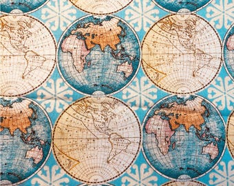 World Map Fabric, 100% cotton, sewing, quilting, Travel fabric, globe fabric, World map, David Textiles