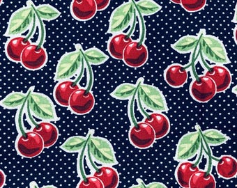 May include: A dark navy blue fabric featuring a repeating pattern of bright red cherries with green stems and leaves. The background is covered in a dense, uniform arrangement of tiny white polka dots, creating a classic and consistent textile design.