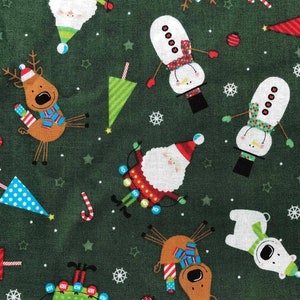 Fun Green Christmas Fabric, sewing fabric, quilting, holiday fabric, Snowman fabric, reindeer fabric, Christmas tree fabric, novelty fabric