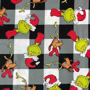 Robert Kaufman Licensed Dr Seuss Grinch fabric, Grinch Black Buffalo Plaid Fabric, Sewing, quilting, Grinch Christmas fabric, crafting
