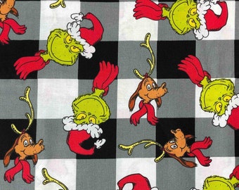 Robert Kaufman Licensed Dr Seuss Grinch fabric, Grinch Black Buffalo Plaid Fabric, Sewing, quilting, Grinch Christmas fabric, crafting