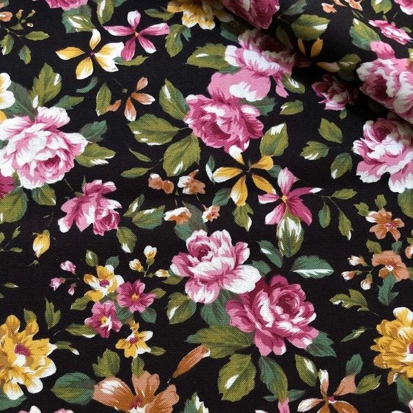 Black Floral 100% Cotton fabric, Pink floral fabric quilting fabric, Sewing, crafting, fabric by the yard,  fall floral fabric print