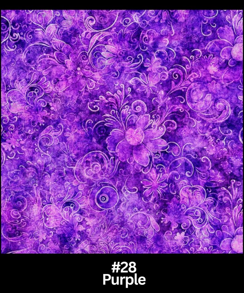 May include: A vibrant purple fabric with a floral and swirling pattern. The design features large, stylized flowers and delicate, curving lines in shades of purple and white. The text "#28 Purple" is at the bottom.