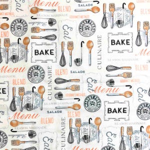 以下が含まれることがあります： スプーン、フォーク、泡立て器、ボウルなどのキッチン用品が繰り返される白い生地。デザインには、「Menu」、「Bake」、「Blend」、「Eat」の文字と、装飾的なスタンプやテキストも含まれています。