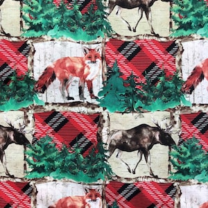 May include: A fabric print featuring a repeating pattern of moose and foxes set against a background of red and black buffalo plaid, birch tree trunks, and green evergreen trees. The design includes detailed illustrations of wildlife.