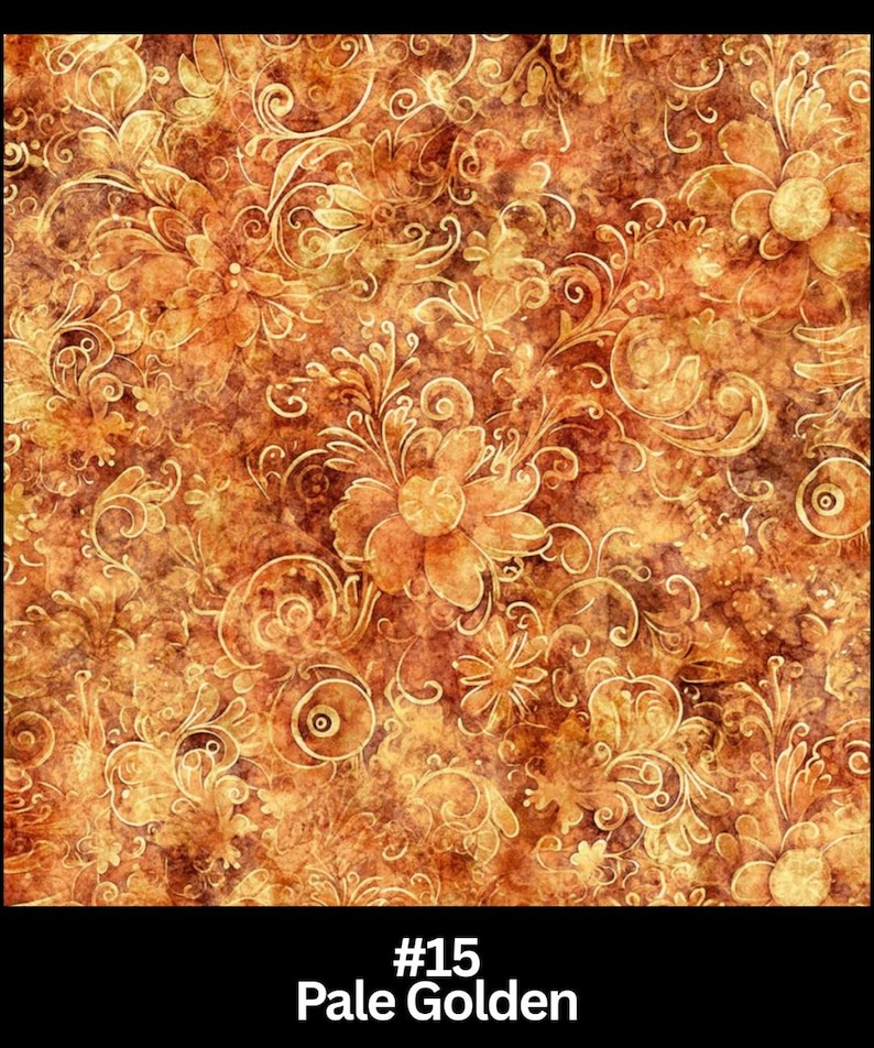 May include: Pale golden fabric with a floral pattern. The design features large flowers and swirling vines in shades of gold and brown. The fabric has a textured appearance. The text at the bottom reads "#15 Pale Golden".
