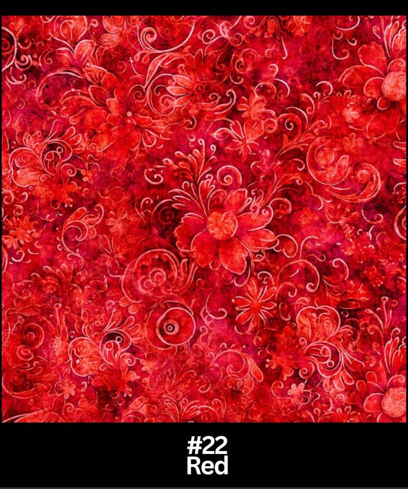 May include: Red fabric with a floral pattern. The design features large flowers and swirling vines in shades of red and white. The text "#22 Red" is at the bottom of the image.