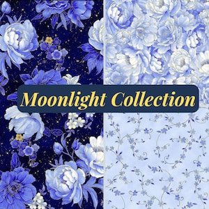 May include: Four fabric swatches with floral patterns in shades of blue and white. The top right swatch features a dense pattern of white flowers on a light blue background. The bottom left swatch has large blue flowers on a dark blue background. The text "Moonlight Collection" is displayed.