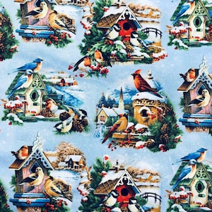 Elizabeth Studios Winter&#39;s Song Fabric, 100%Cotton Fabric, Sewing, quilting fabric, Bird Fabric, Cardinal, birdhouse