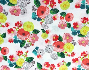 May include: White fabric with a vibrant floral pattern. The design features clusters of red, pink, and yellow flowers, along with green leaves and accents of teal and gray. The flowers are arranged on a white background.