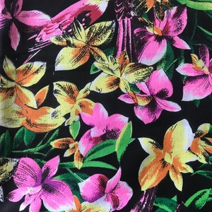 Bright Tropical Birds on Black, Tropical Paradise, 100% Cotton, Vintage Fabric, Pink Birds of Paradise, Quilting fabric, Sewing, Floral