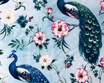 Tela de pavo real azul, tela 100 % algodón, costura, tela para acolchado, David Textiles, tela azul, tela floral azul