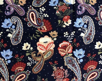 Navy Blue Floral Paisley Fabric, Floral Fabric, Cotton Fabric, Sewing, quilting, Blue Paisley