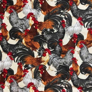 Packed Rooster Fat Quarter, Rooster Fabric, quilting fabric, Sewing, crafting, Red and Black fabric, farm animal fabric