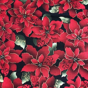 Tissu de Noël poinsettia métallique, tissu à coudre, courtepointe, tissu de vacances, Noël rouge, tissu artisanal