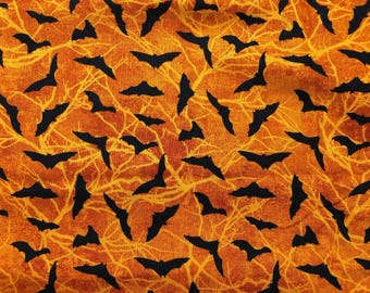 Orange Halloween Bat Fabric, 100% Cotton Fabric, Sewing, quilting fabric, Black Cat Capers, Northcott