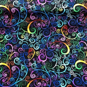 Rainbow Scroll Fabric, 100% Cotton, sewing fabric, quilting, bright fabric, blender fabric, rainbow fabric, swirl fabric