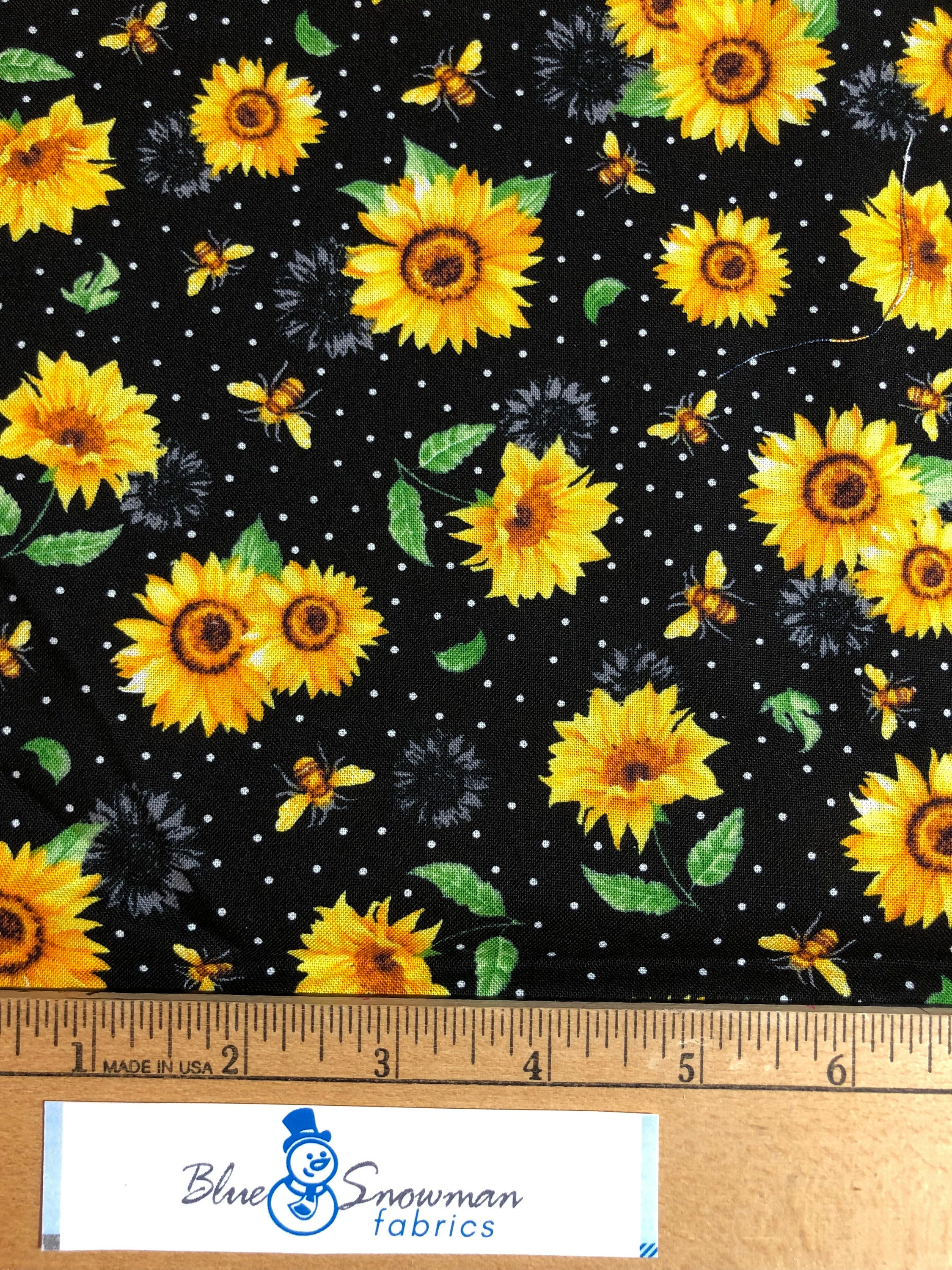 Sunflower Fabric, Hi-fashion Sunflowers and Bees, 100