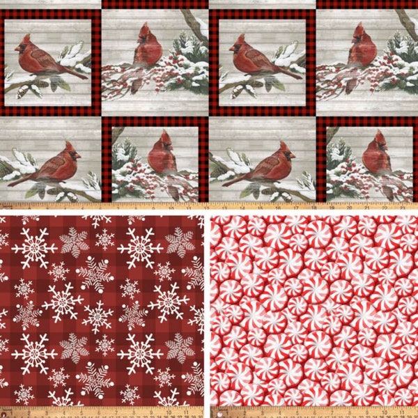 Tissu de Noël rouge David Textiles par mètre, cardinaux de Noël, tissu bonbon à la menthe poivrée, tissu flocon de neige, tissu de courtepointe, couture