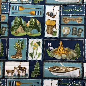 Camping Fabric,100% Cotton, sewing fabric, quilting, hiking fabric, lake fabric, wildlife, blue patchwork fabric, David Textiles