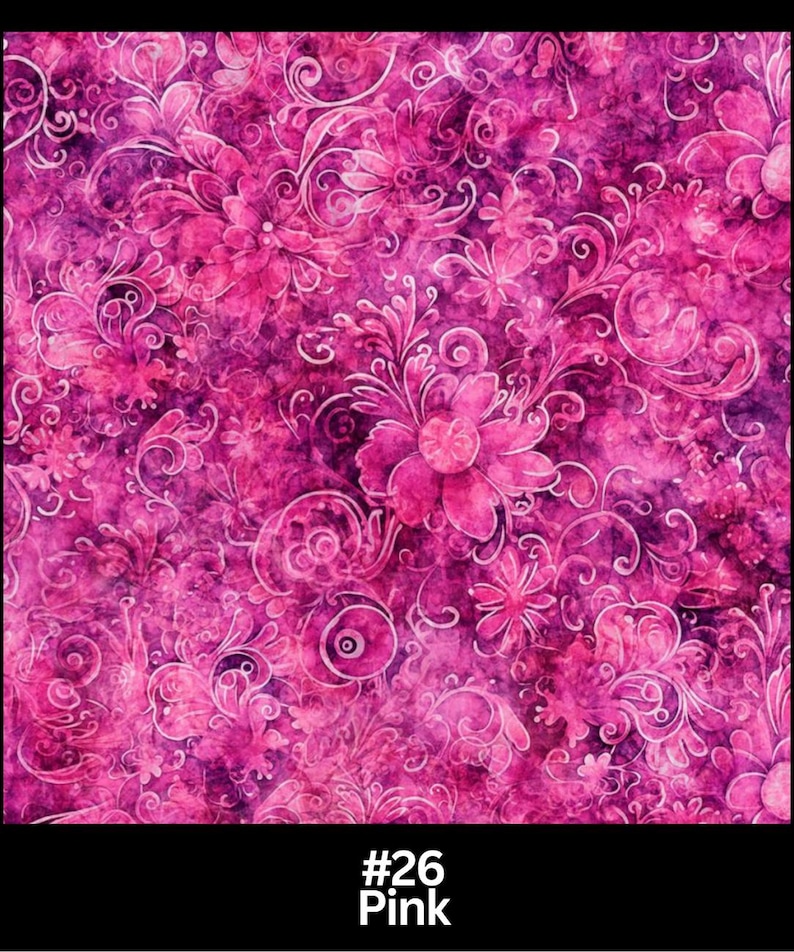 May include: A vibrant pink fabric with a floral pattern and swirling designs. The fabric features a watercolor effect with shades of pink and purple. The text "#26 Pink" is displayed at the bottom.