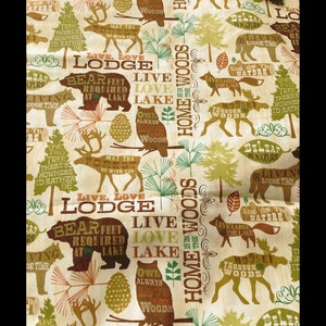 Live Love Lodge Fabric, David Textiles, Fabric by the Yard, quilting fabric, sewing fabric, script, camping, woodland, moose, elk, nature