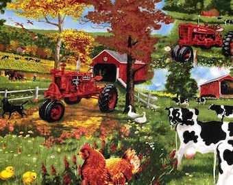 Tela con estampado de tractor Farmall, 100% algodón, ideal para costura, acolchado, granja, puente cubierto, vaca, paisaje rural y prado.