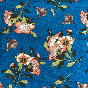 Springs Creative Bird Floral Fabric by the Yard, 100% Cotton, home decor fabric, quilting, sewing, large floral, Blue floral, orange floral