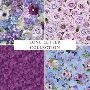 Colección de cartas de amor coordinadas de Timeless Treasures, costura, tela para acolchado, tela floral, flores moradas, ramo floral, estilo shabby chic