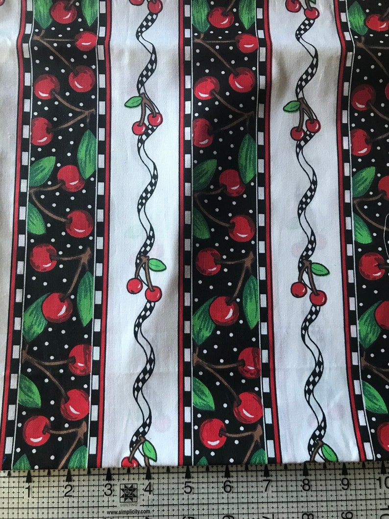 OOP Coordinating Cherry Stripe Solid fabric, 100% Cotton, Vintage Fabric, quilting fabric, Sewing, Children's fabric, cherry fabric, fruit image 1