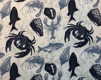 Nautical Fabric, quilting fabric, sewing fabric,  100% Cotton, novelty fabric, ocean fabric, shells, fish, crab, lobster