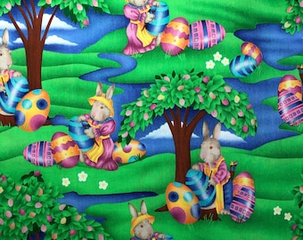 Tela de Pascua con conejito y huevos de Daisy Kingdom, para costura y acolchado, 100% algodón, vintage, descatalogada, primavera.