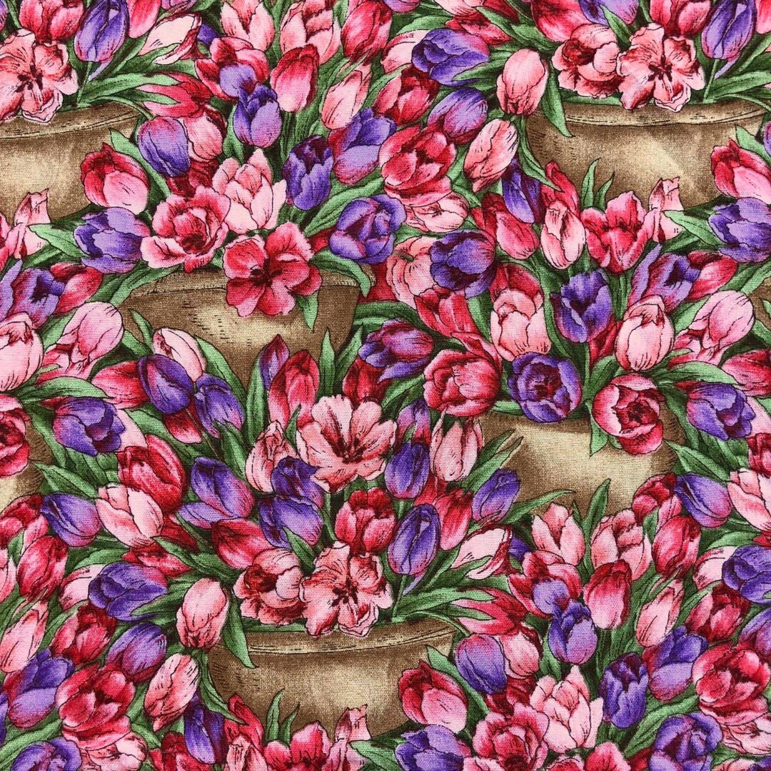 Pink and Purple Tulips in Basket Floral Fabric, 100% Cotton, Quilting ...