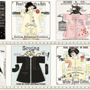 Op de afbeelding: Een stoffen paneel met vintage illustraties gerelateerd aan naaien en mode. Het paneel bevat afbeeldingen van kledingpatronen, naaimachines en advertenties voor kleding en fournituren. Het kleurenpalet is voornamelijk zwart, wit en pasteltinten.