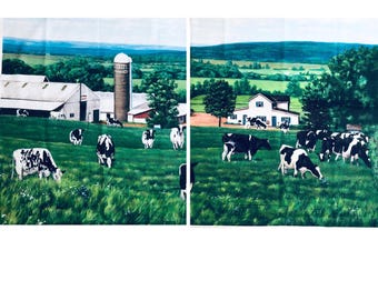 Farm Pasture Fabric Panel, sewing, Barnyard Scene Panel, David Textiles, cow print panel
